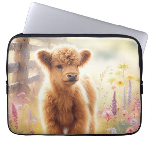 Schattig babyhooglandrund in bloemenveld laptop sleeve