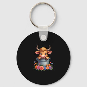 Schattig babyhooglandrund met bloemen Kalf Dier co Sleutelhanger