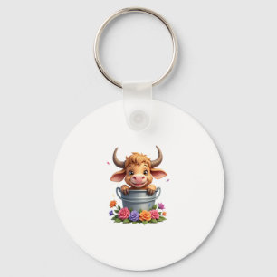 Schattig babyhooglandrund met bloemen Kalf Dier co Sleutelhanger