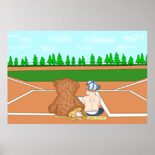 Schattig babyjongetje in honkbalpet naast teddybee poster