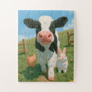 Schattig babykalf met kip en konijn op de boerderi legpuzzel