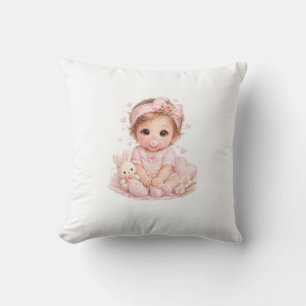 Schattig Babymeisje & Konijn Roze Kussen Zoete K