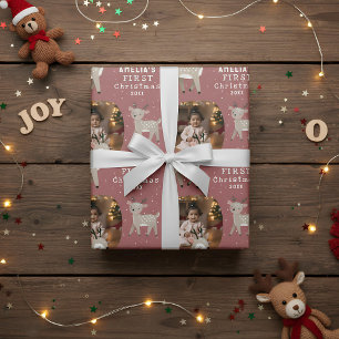 Schattig Baby's 1e Kerst Foto Rendier Cadeaupapier