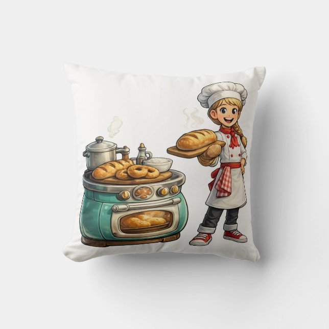 Schattig Bakmeisje met Verse Brood Kunst Kussen (Voorkant)