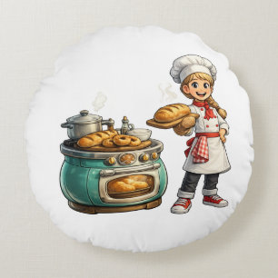 Schattig Bakmeisje met Verse Brood Kunst Rond Kussen