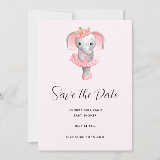 Schattig Ballerina Olifant En Pointe Save The Date (Voorkant)