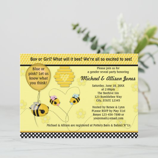 Schattig BEE Gender onthulling Baby shower Uitnodi Kaart (Staand voorkant)