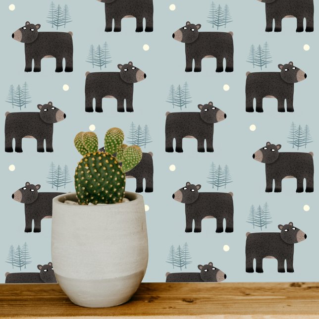Schattig Beer blauw Behang (Bear Trees Moon woodland forest cute art wallpaper for nursery and kids rooms)