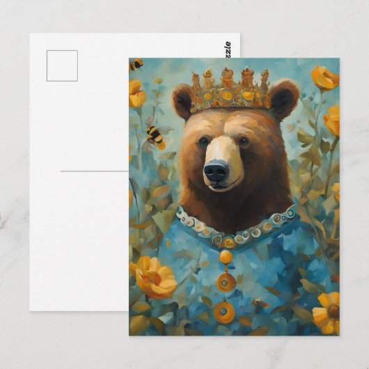 Schattig Beer in een kroon met bloemen en bijen Briefkaart (Voorkant / Achterkant)