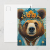 Schattig Beer in een kroon met bloemen Hippie Briefkaart (Voorkant / Achterkant)