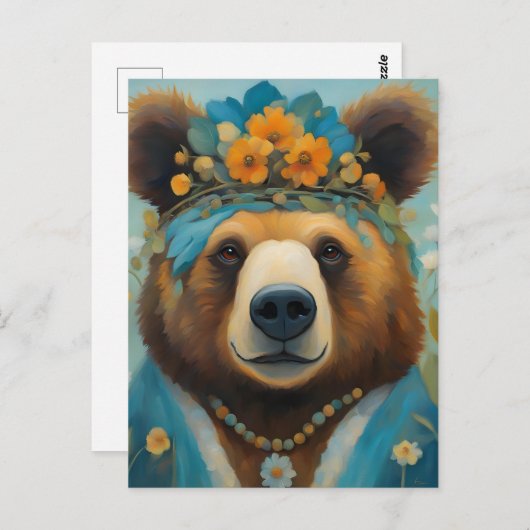 Schattig Beer in een kroon met bloemen Hippie Briefkaart (Voorkant / Achterkant)