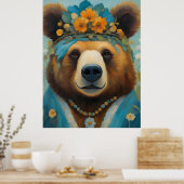 Schattig Beer in een kroon met bloemen Hippie Poster (Keuken)