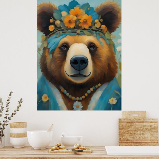 Schattig Beer in een kroon met bloemen Hippie Poster (Keuken)