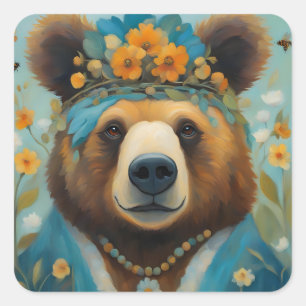 Schattig Beer in een kroon met bloemen Hippie Vierkante Sticker