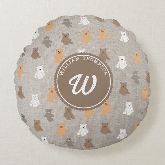 Schattig Beer Patroon Initiaal Monogram Rond Kussen (Voorkant)
