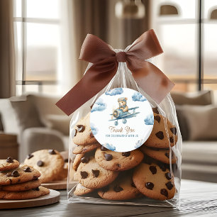 Schattig Beer Vliegtuig Blauwe Jongen Baby Shower Ronde Sticker