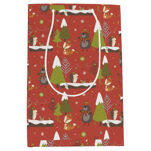 Schattig Beer, vos, & egel Kinder Kerstmis Grappig Medium Cadeauzakje (Voorkant)