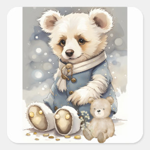 Schattig Beren jas en sjaal met Teddy Bear Buddy Vierkante Sticker
