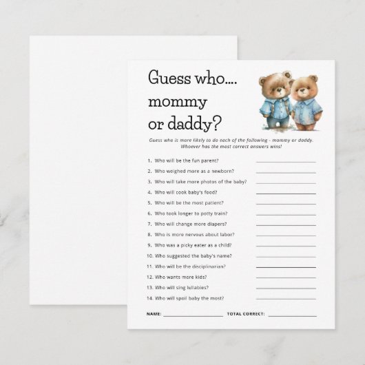 Schattig Beren raden wie mam vader Baby shower spe Kaart (Voorkant / Achterkant)