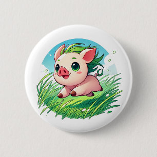 Schattig biggetje met groen haar dat loopt ronde button 5,7 cm