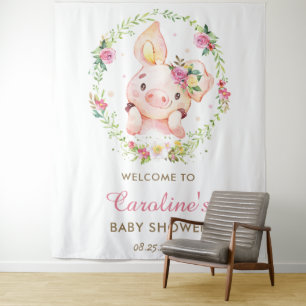 Schattig Biggetje Roze Bloemen Baby Shower Welkom  Wandkleed