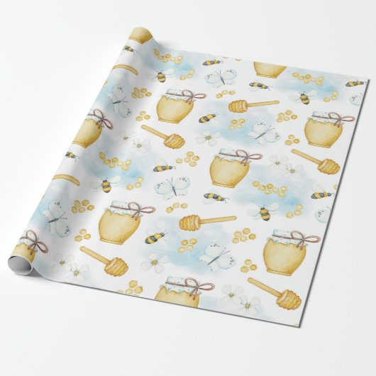 Schattig Bijen en Honing Patroon Wrapping Papier (Uitgerold)