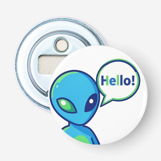 Schattig Blauw Alien Zegt Hallo Button Flesopener (Voorkant)