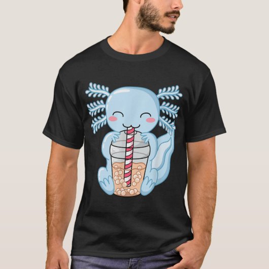 Schattig Blauw Axolotl Bubble Tea Kawaii Anime Aes T-shirt (Voorkant)