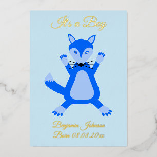 Schattig blauw baby jongen vos op maat folie feestdagenkaart