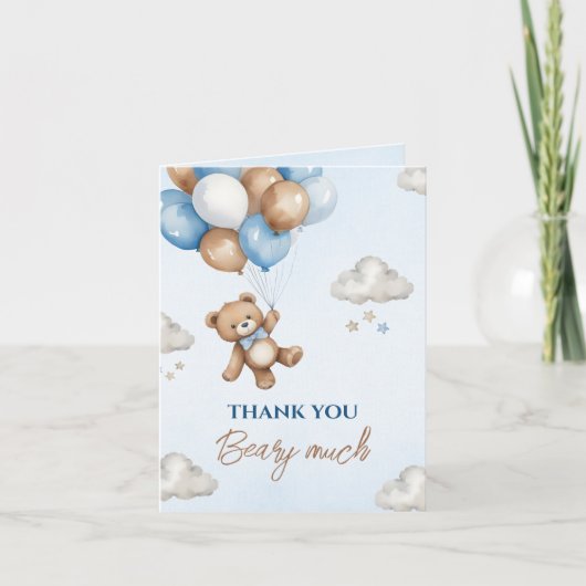 Schattig Blauw Bruin Beer Ballons Baby shower Bedankkaart (Voorkant)
