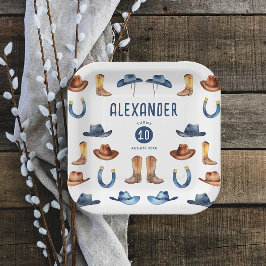 Schattig Blauw Bruin Paard Cowboyhoed Laarzen Wate Papieren Bordje