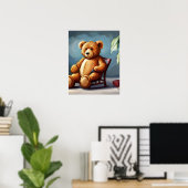 Schattig blauw bruin teddybeer zittend op stoel poster (Thuiskantoor)