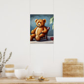 Schattig blauw bruin teddybeer zittend op stoel poster (Keuken)