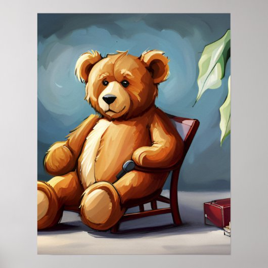 Schattig blauw bruin teddybeer zittend op stoel poster (Voorkant)