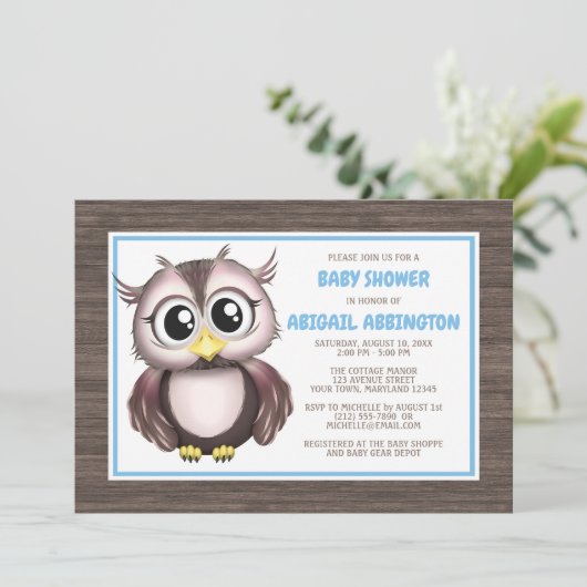 Schattig Blauw Bruin Uil Baby Douche Uitnodigingen (Staand voorkant)