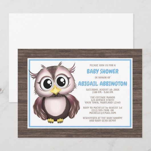 Schattig Blauw Bruin Uil Baby Douche Uitnodigingen (Voorkant / Achterkant)