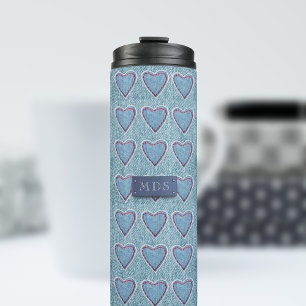 Schattig Blauw Denim Hart Patroon Monogram Thermosbeker