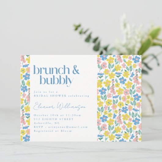 Schattig blauw en geel Ditsy Bloemen Brunch Bubble Kaart (Staand voorkant)