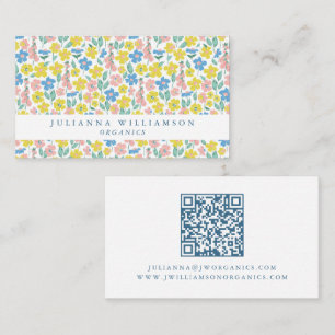 Schattig Blauw en Geel Ditsy Bloemendek Modern QR- Visitekaartje