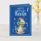 Schattig Blauw en Groen Dinosaurus Jongen 1e Verja Kaart (Gele Bloem)