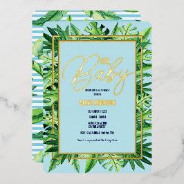 Schattig Blauw en Groen Tropisch Hey Baby shower Folie Uitnodiging