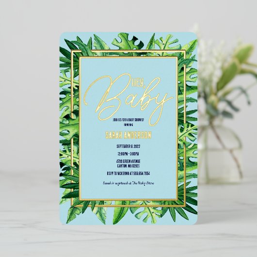 Schattig Blauw en Groen Tropisch Hey Baby shower Folie Uitnodiging (Staand Voorkant)
