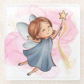 Schattig Blauw Fairy Holding Star Wand Glazen Onderzetter (Voorkant)