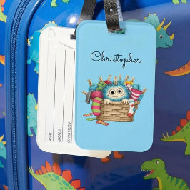 Schattig Blauw Fluffig Sock Monster Kinderen Ontwe Bagagelabel