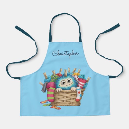 Schattig Blauw Fluffig Sock Monster Kinderen Ontwe Schort (Voorkant)
