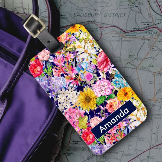 Schattig blauw geel elegant bloemenpatroon monogra bagagelabel