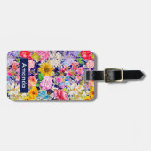 Schattig blauw geel elegant bloemenpatroon monogra bagagelabel (Voorkant horizontaal)