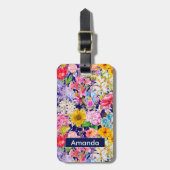 Schattig blauw geel elegant bloemenpatroon monogra bagagelabel (Voorkant verticaal)