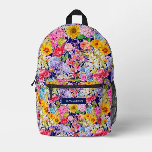 Schattig blauw geel elegant bloemenpatroon monogra bedrukte rugzak (Voorkant)