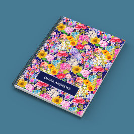 Schattig blauw geel elegant bloemenpatroon monogra notitieboek